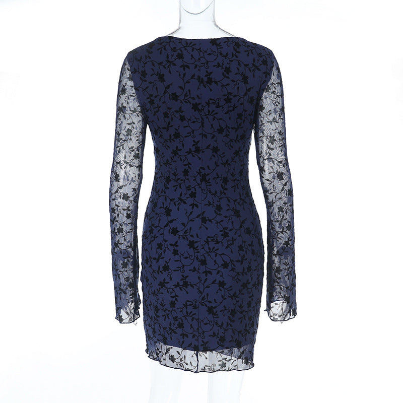 Mesh Flocked Print Long-Sleeve Chic Short Dress 7