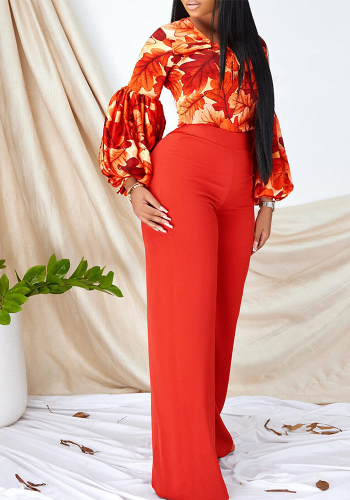 Plus Size Women's Fashion Print Lace-Up Top Wide Leg Pants Two-Piece Set