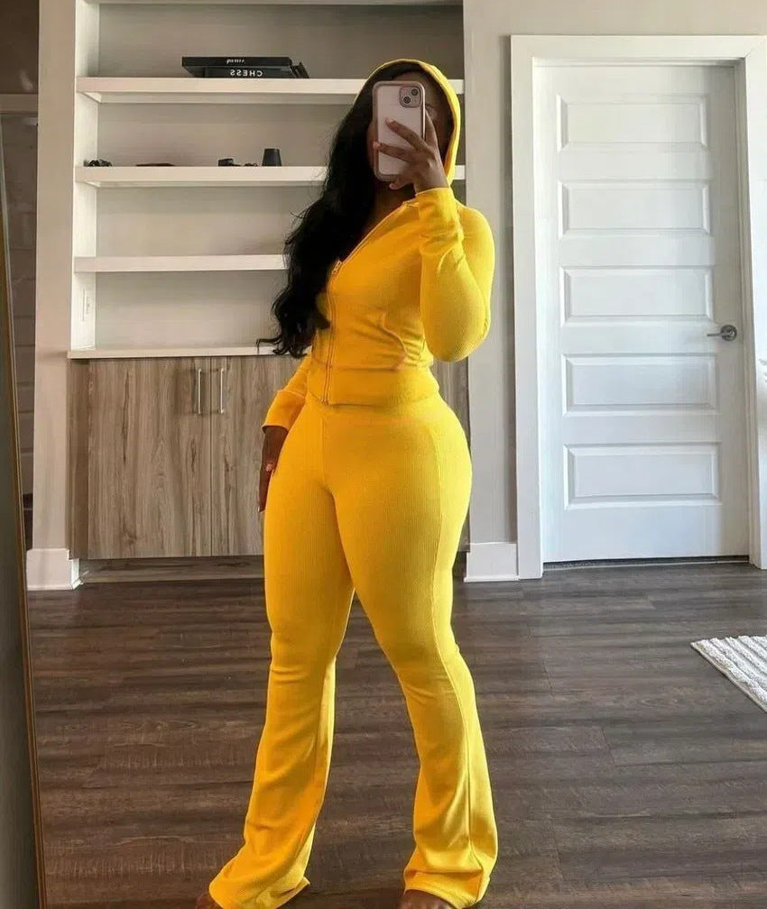 Women's Fashion Rib Zipper Hoodie Slim Bell Bottom Sports Pants Yoga Two Piece Set