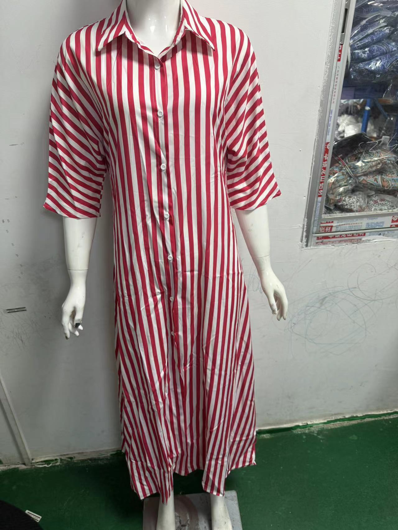 Women Summer Loose V-Neck Long Striped Shirt Dress 13