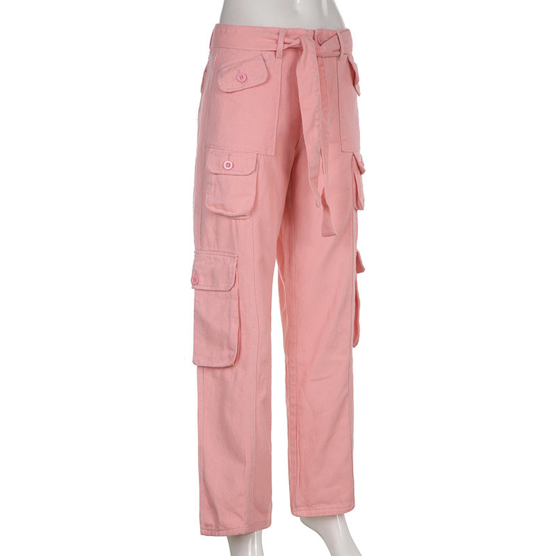 Street Hipster Women Clothing Casual Loose Drawstring Belt High Waist  Grey Wide Leg Denim Cargo Pants 12