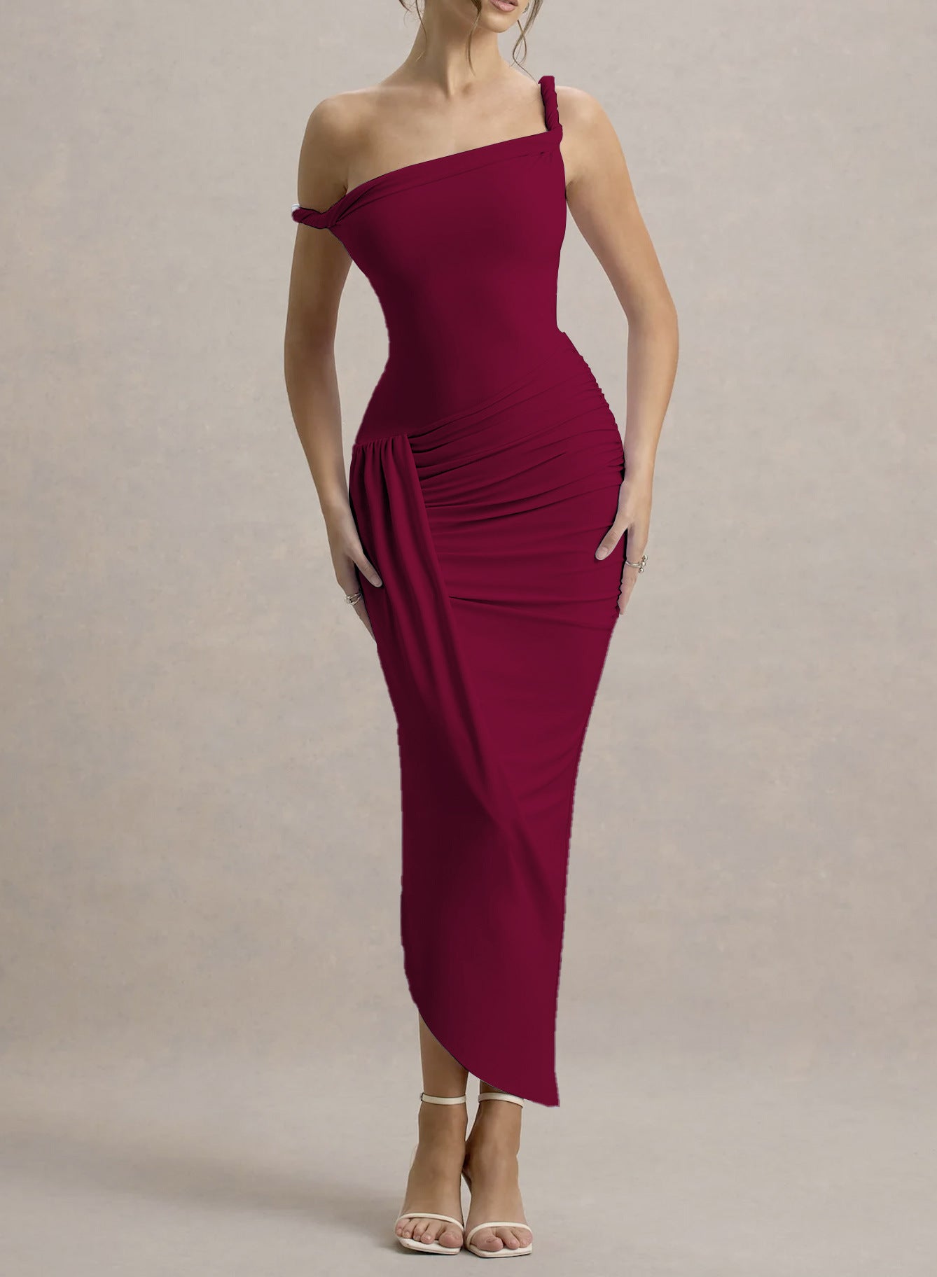 Women slash shoulder strap, sexy pleated irregular maxi dress 5