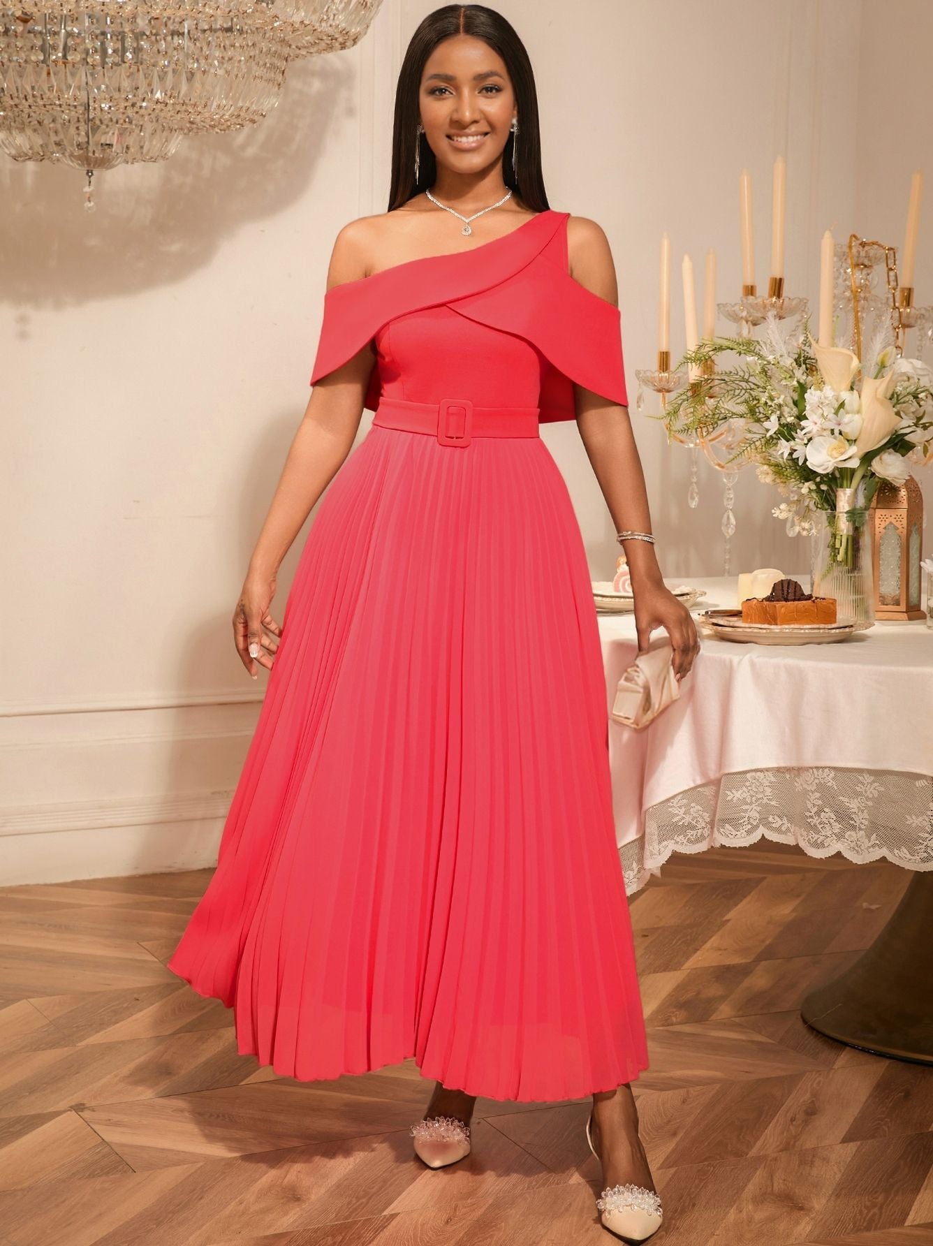 Women Sexy Off Shoulder Dinner Pleated Dress 3