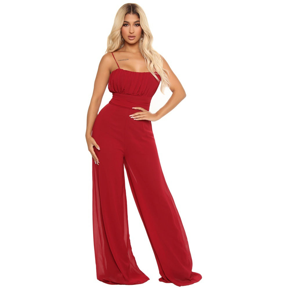 Summer Solid Color Chiffon Straps Slim Waist Wide Leg Women'S Jumpsuit 7