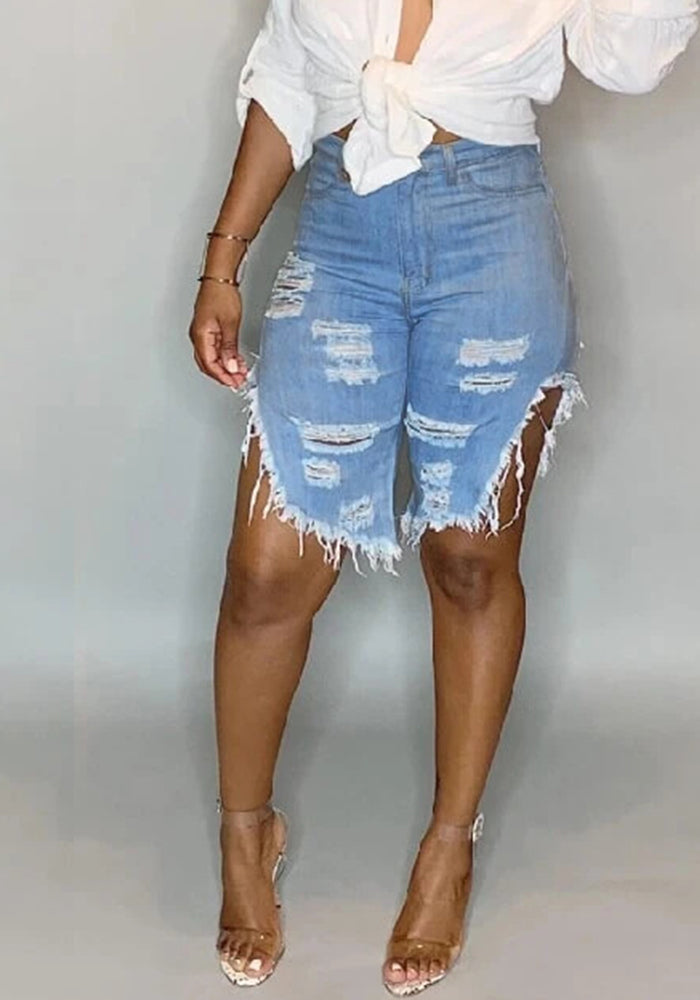 Distressed Denim Knee-Length Shorts