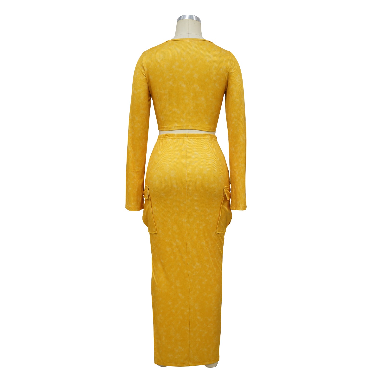 Fashionable Women's Ribbed Printed Long Sleeve Side Pockets Slit Two Piece Skirt Set 12