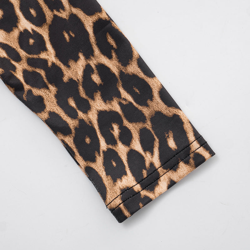 Women's Autumn Winter Leopard Print Off Shoulder Deep V-Neck Finger Sleeve High Waist Pants Set 15