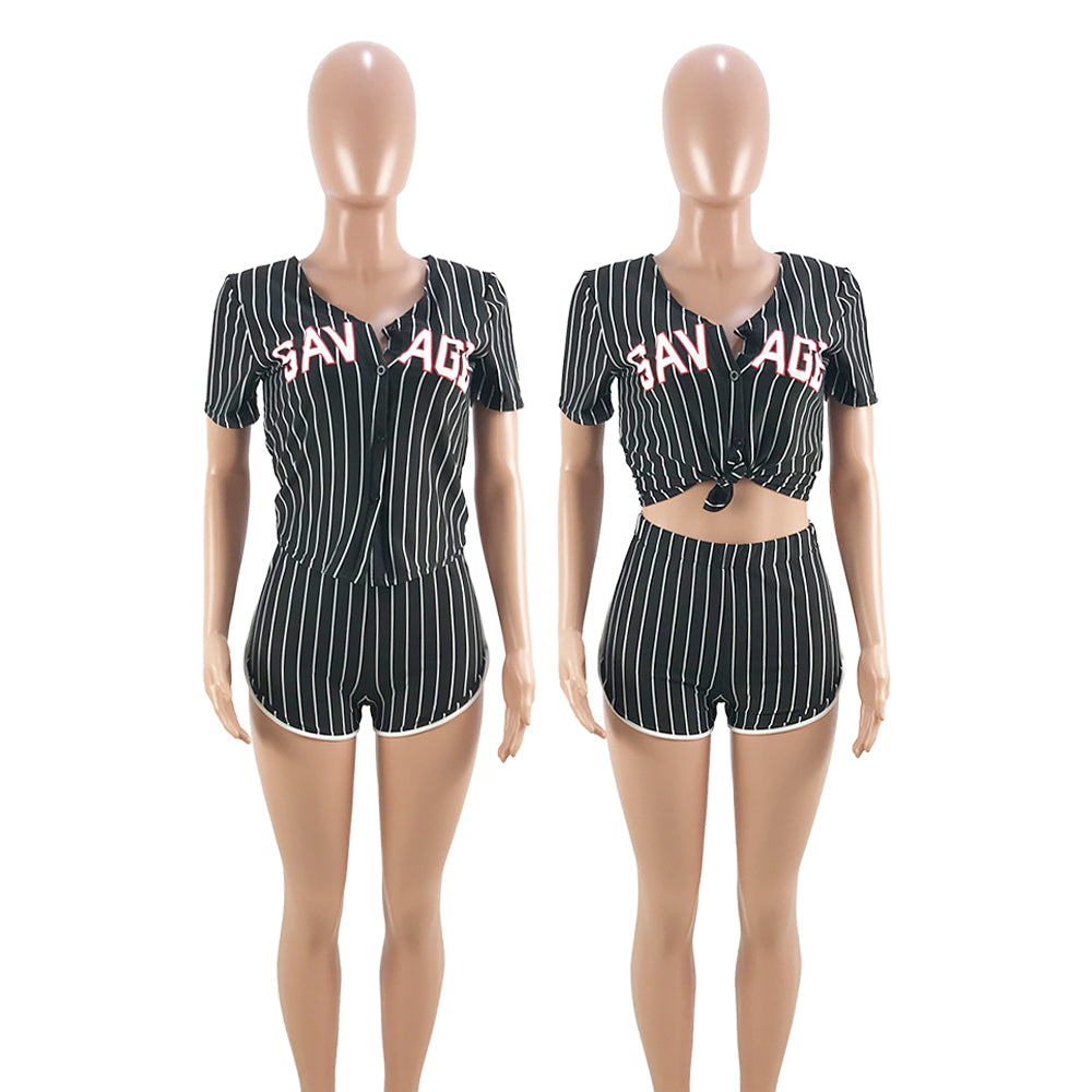 Women Sexy Women Striped Letter Baseball Top and Skirt Two-piece Set 13