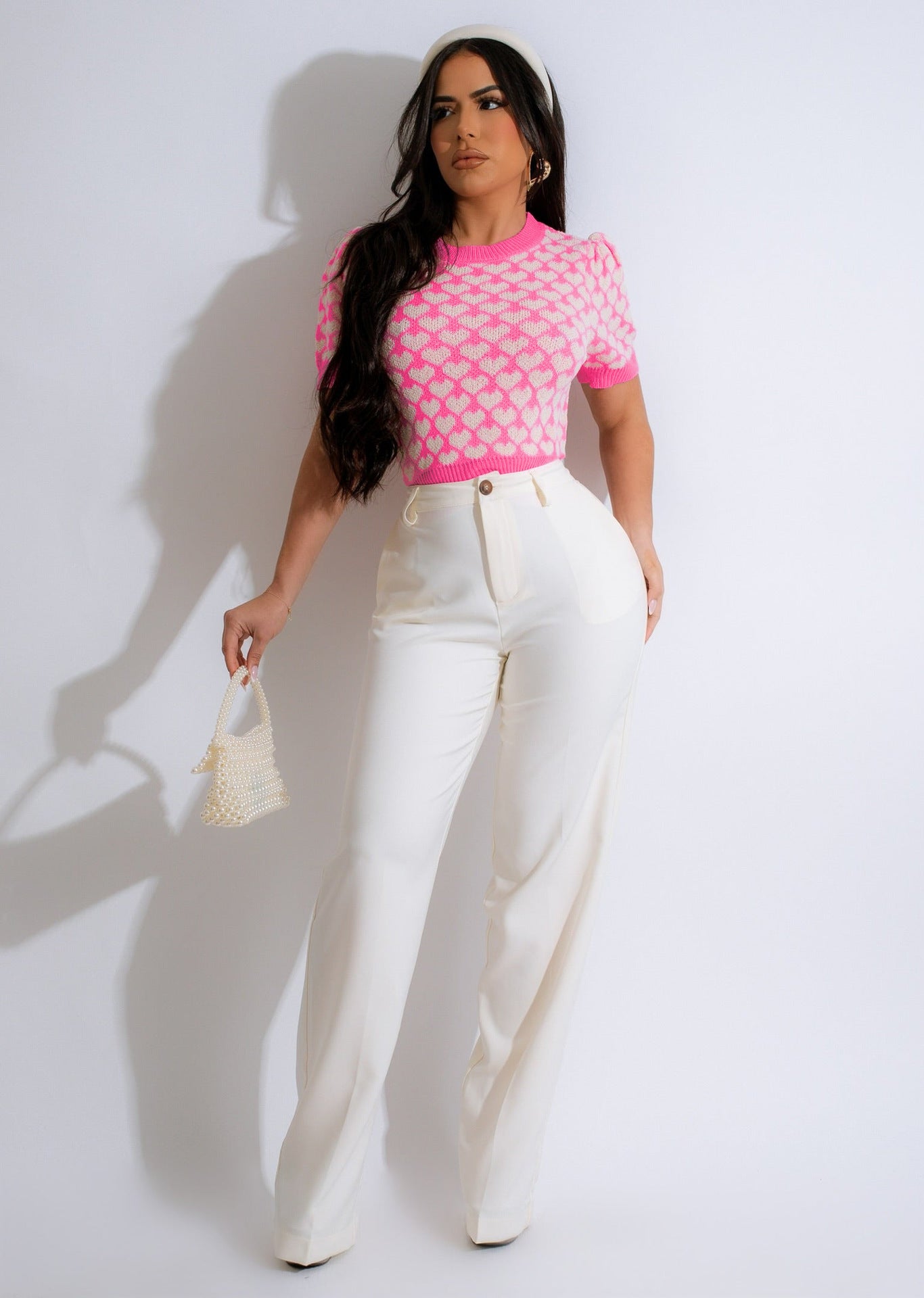 Women Spring/Summer knitting Heart Print Short Sleeve T-Shirt 8