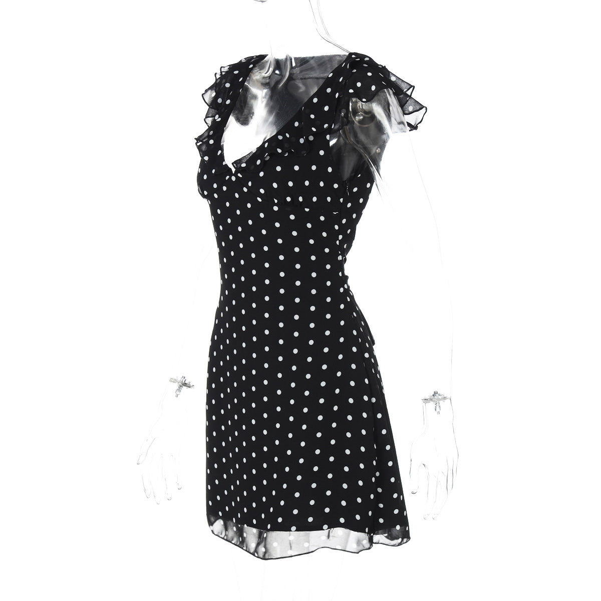 Women Polka Dot Print Sexy V-neck Patchwork Mesh Mini Dress 7