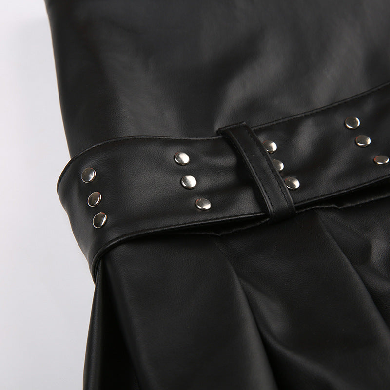 Punk rivet belt slit leather skirt fashion street sexy low waist a-line pleated skirt 15