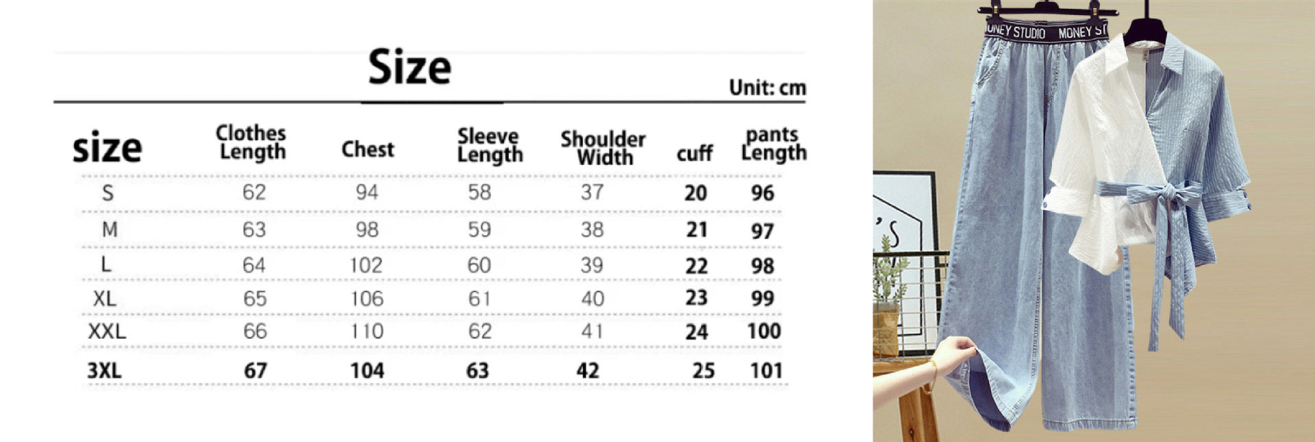 Plus Size Women Spring Patchwork Fake Two-Piece Shirt and Denim Pant Two-Piece Set 8