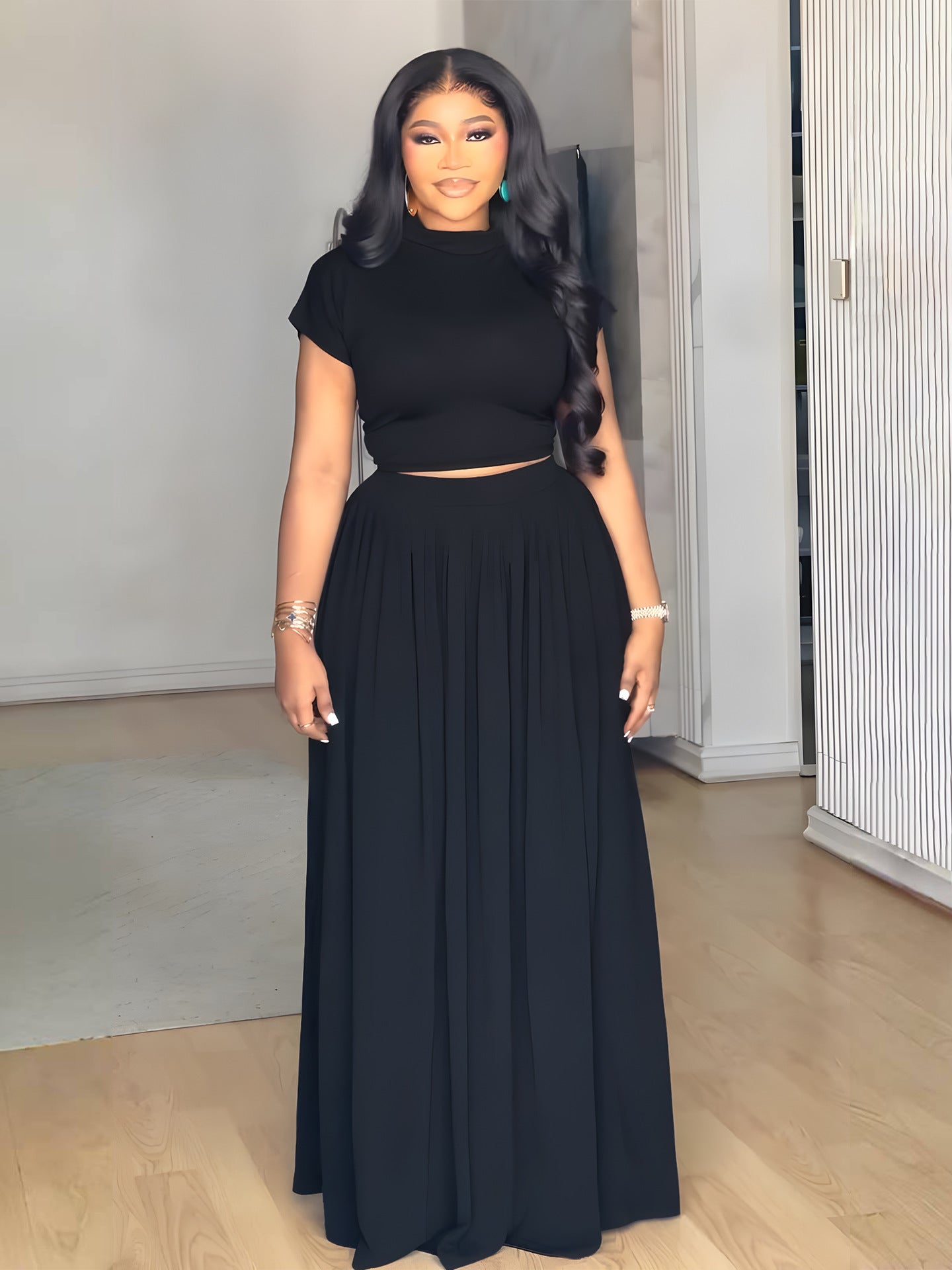 Solid Color Round Neck T-Shirt Casual Skirt Two Piece Set 3