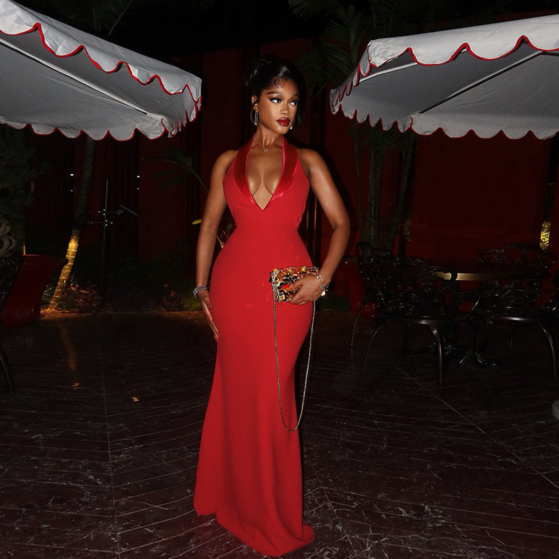 Spring Women's Clothing Sexy Sleeveless Sexy Deep V Neck Halter Neck Low Back High Waist Dress