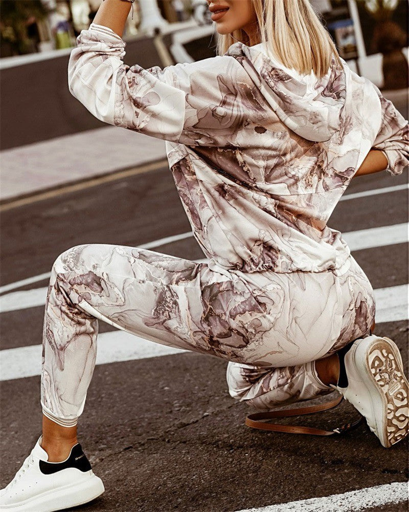 Women Printed Long Sleeve Top and Trousers Two-piece Set 13