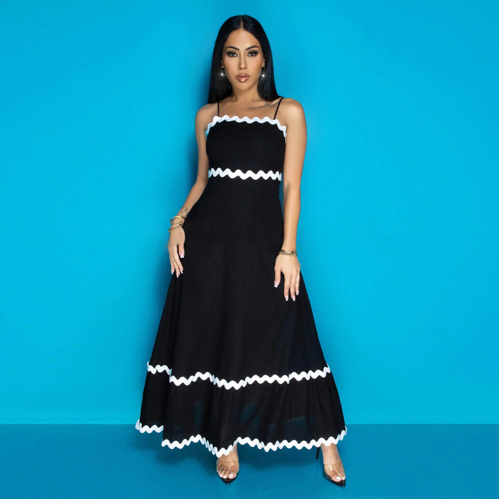 Women Strap Solid Wave Ribbon Patchwork Solid Strap Dress