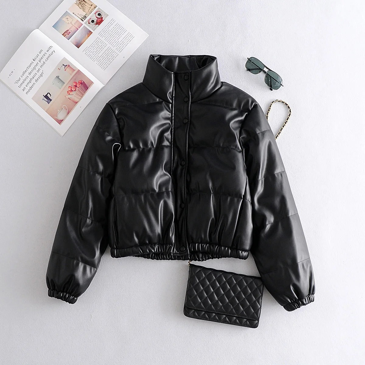 Leather Casual solid color leather cotton-padded Stand Collar jacket 68
