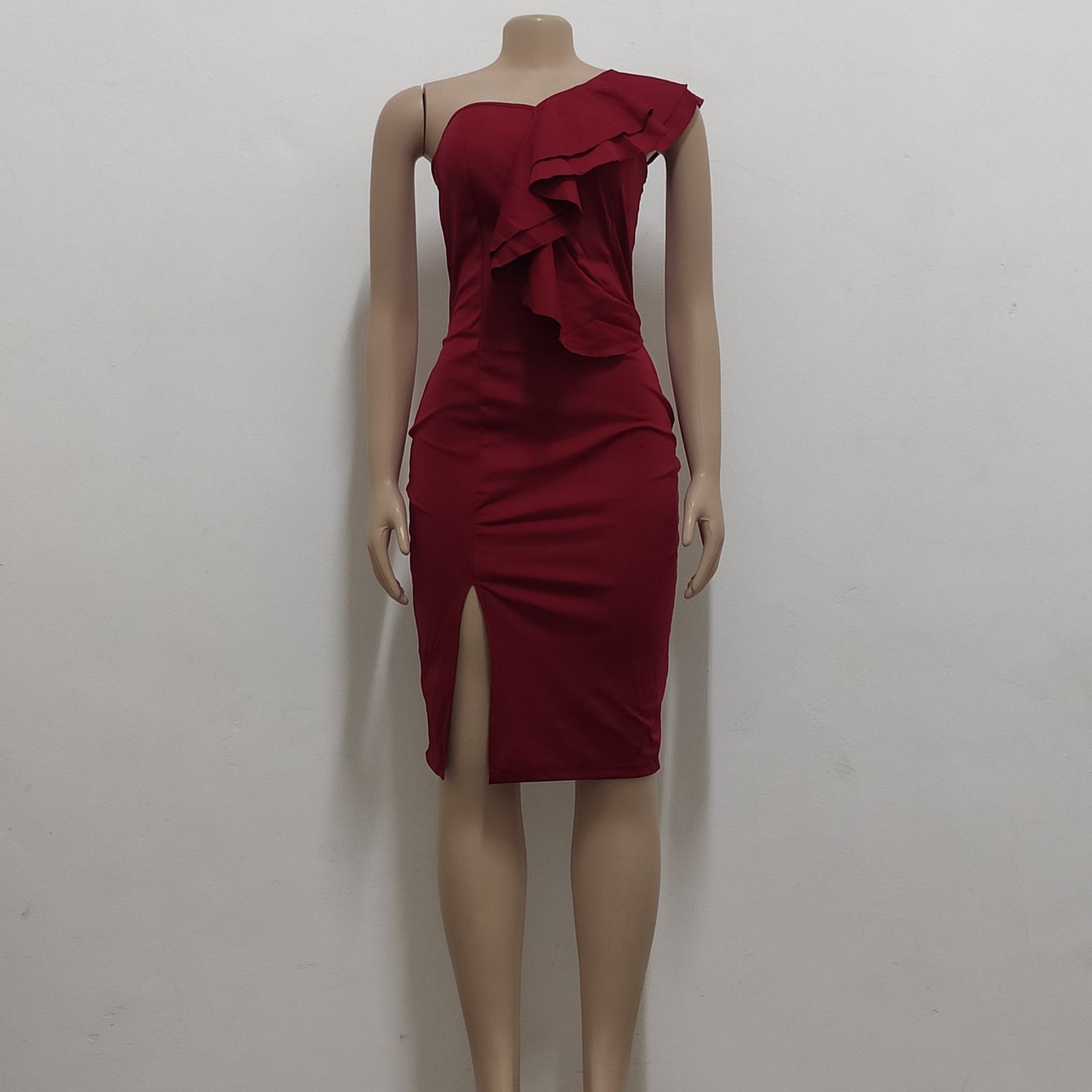 Women Sexy Solid One Shoulder Ruffle Dress 19