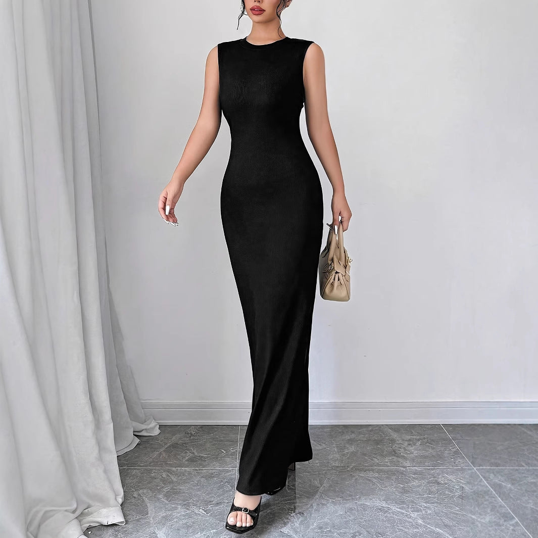 Women Summer Round Neck Solid Ribbed Dress 4