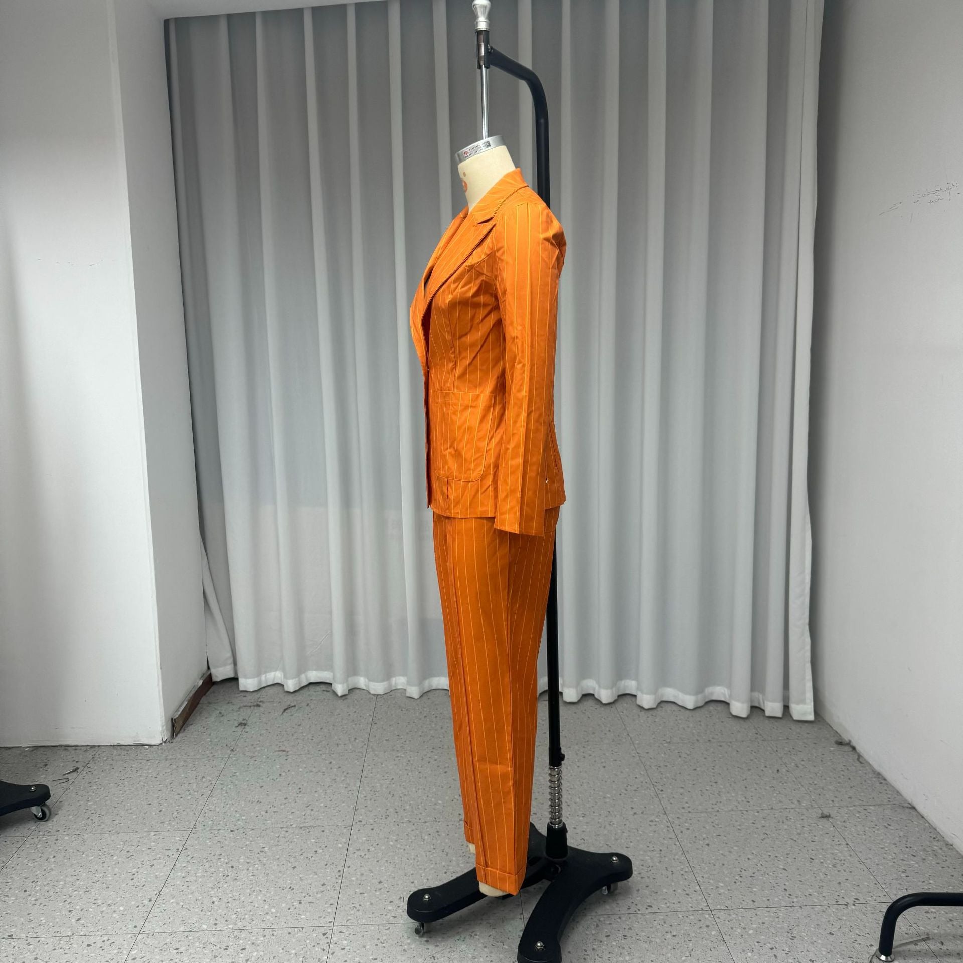 Women Turndown Collar Long-Sleeved Striped Solid Blazer and Pant Two-Piece Set 7