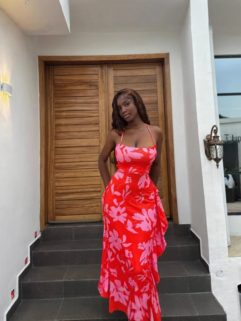 Women sexy suspender backless print dress 6