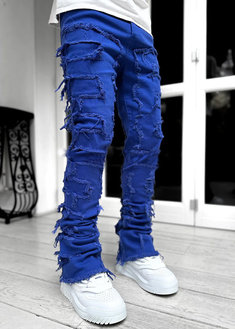 Men's Denim Straight Leg Pants Street Fashion Stretch Patch Denim Straight Leg Pants 14
