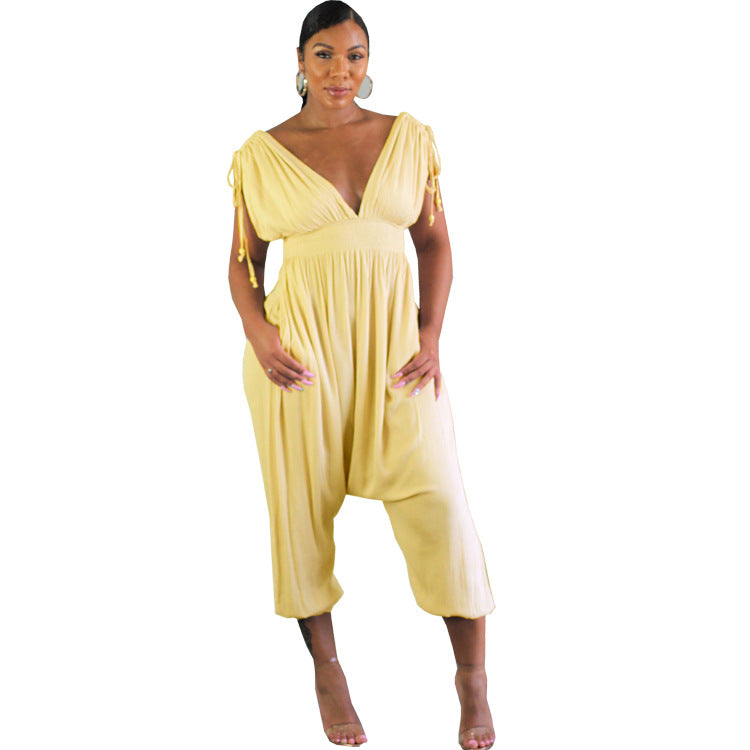 Women Casual Drawstring V Neck Wide Leg Jumpsuit 8
