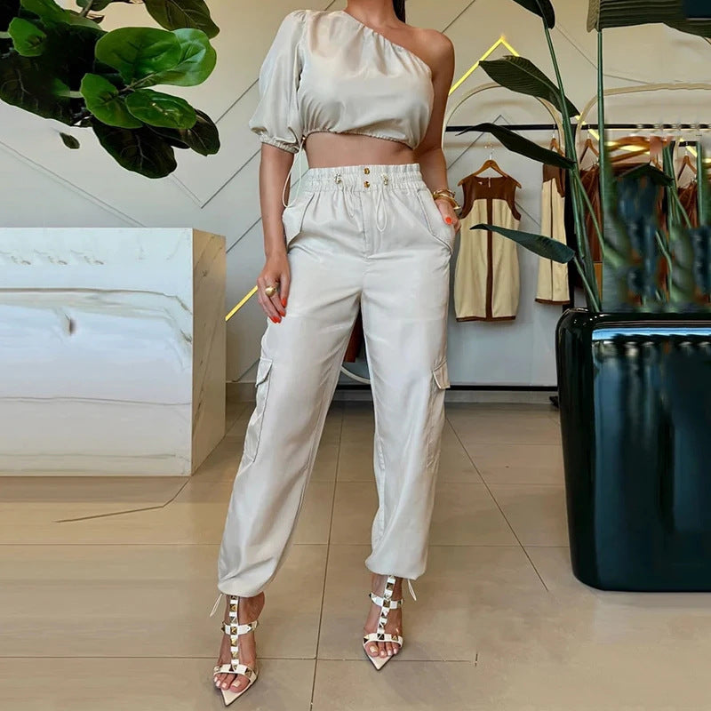 Women Summer Slash Shoulder Raglan Sleeve Top And Long Pants Two-Piece Set