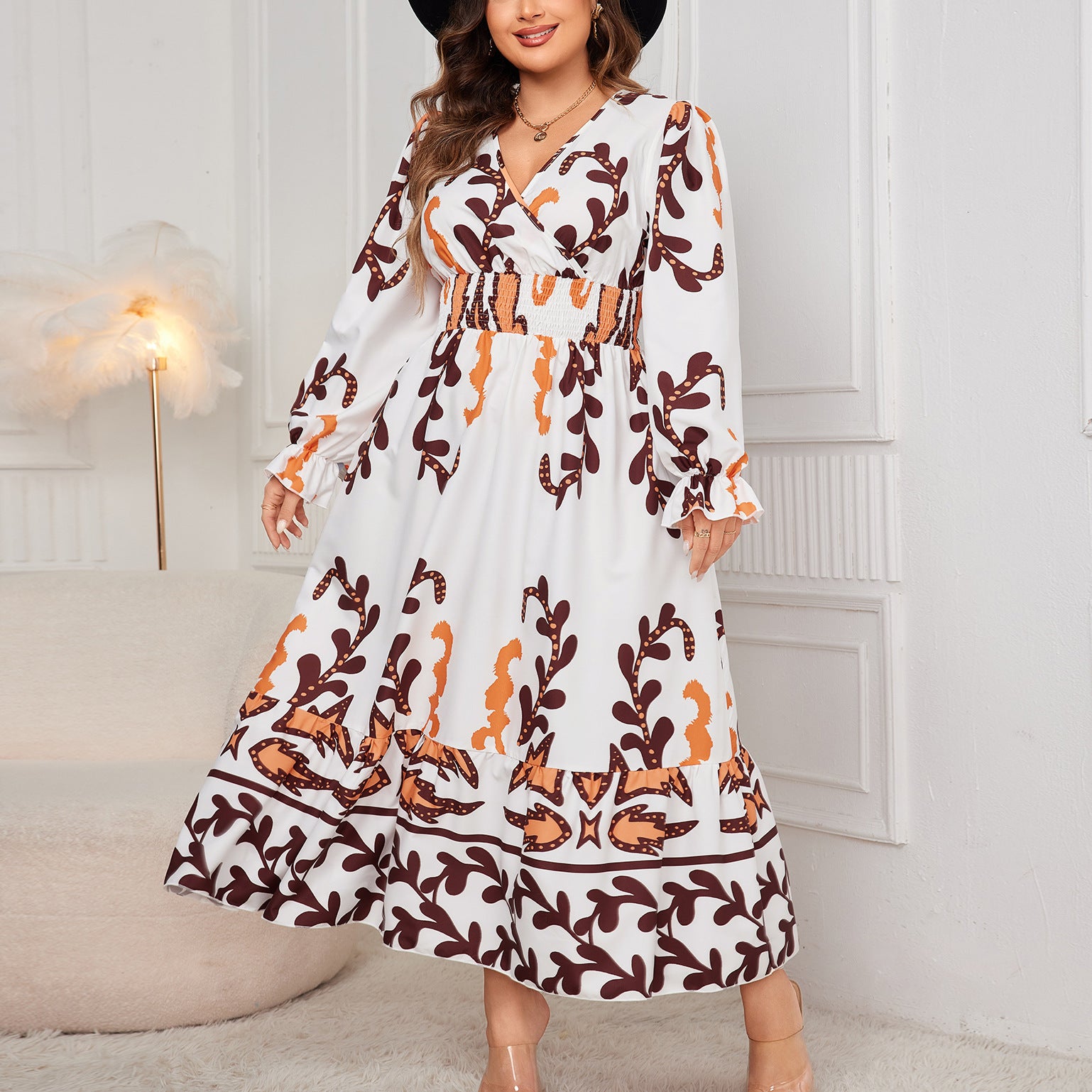 Plus Size Women Printed Long Sleeve V-neck Long Dress 4