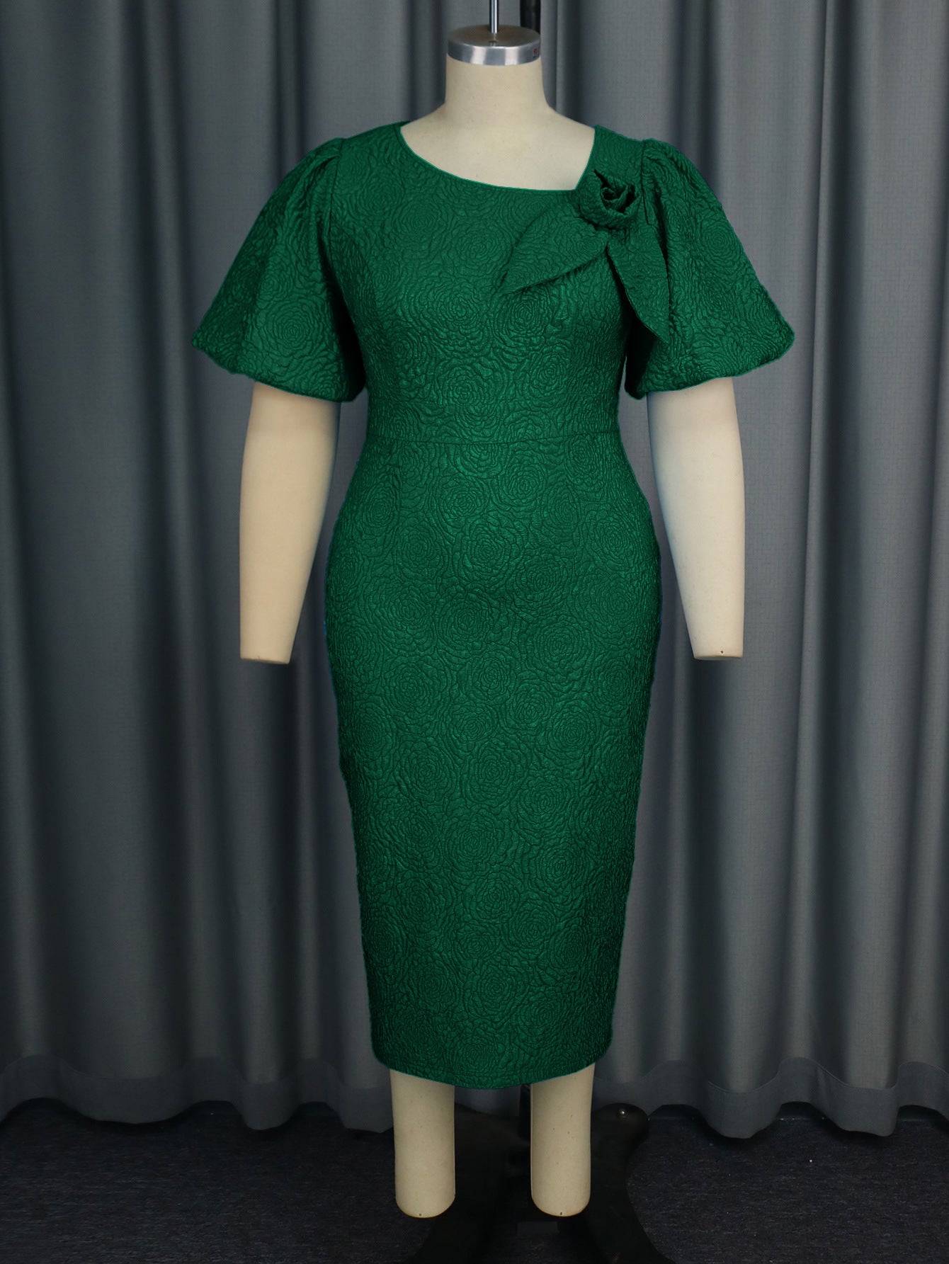 Plus Size Asymmetrical Puff Sleeve High Waist Jacquard Formal Dress 11