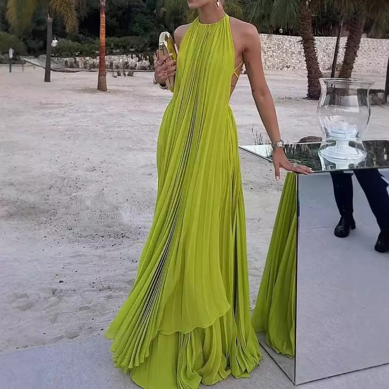 Women's Solid Round Neck Sexy Low Back pleated Beach Holidays Two Piece Skirt Set 5