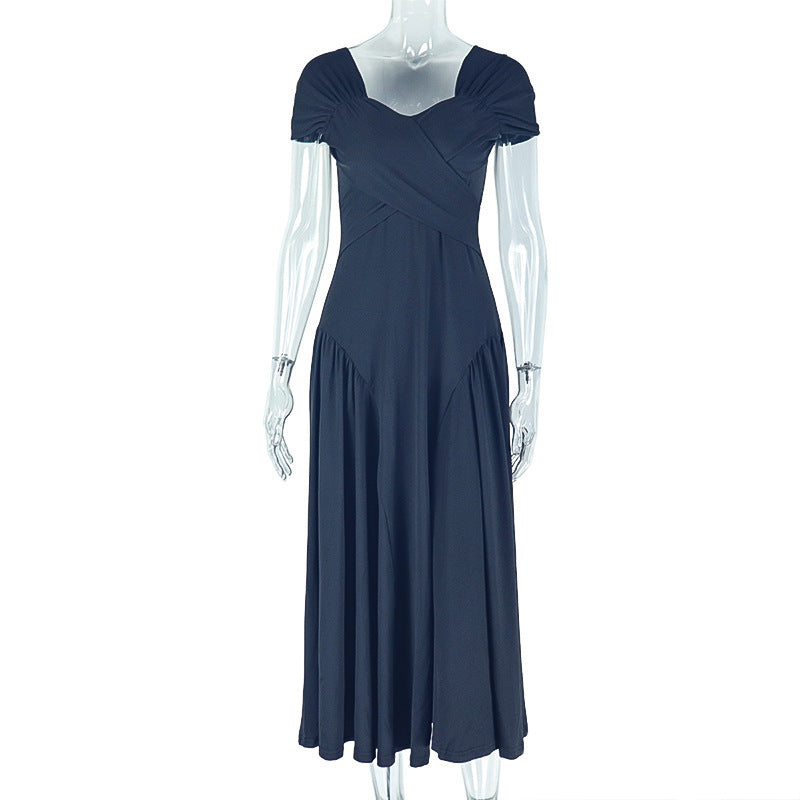 Elegant women's solid color pleated A-line V-neck short-sleeved low back long dress formal party dress 8