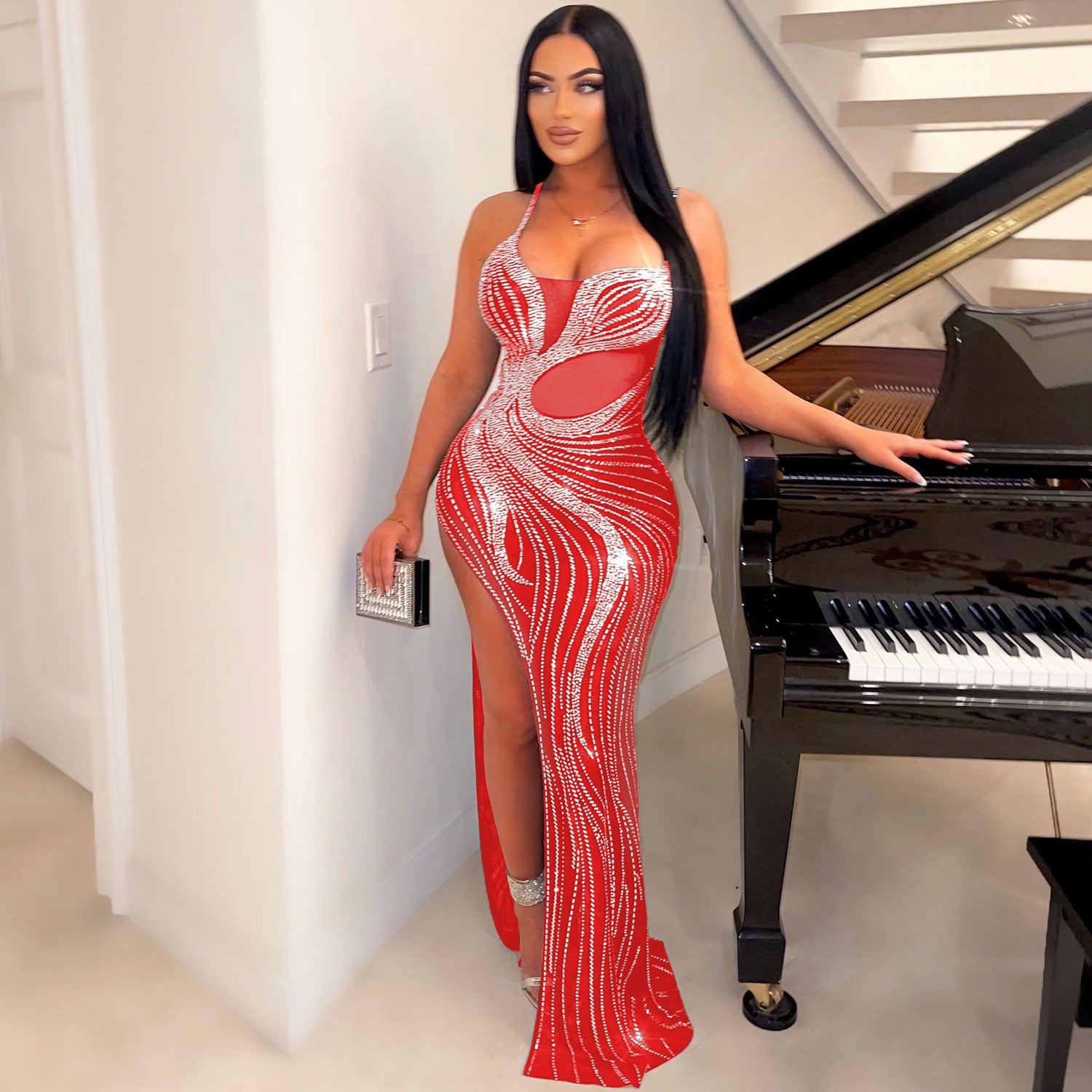 Sexy Rhinestone beaded slit Straps Party Dress 4