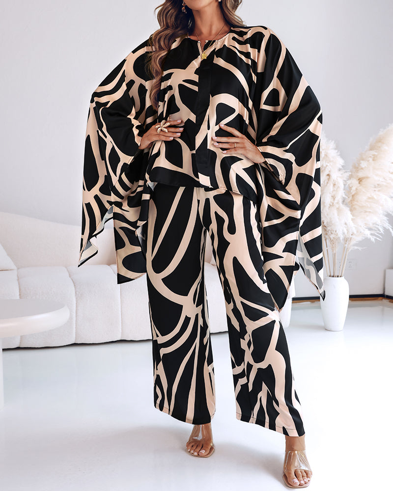 Women's Asymmetric Print Loose Bat Sleeves Pullover Top Wide-Leg Pants Set 4