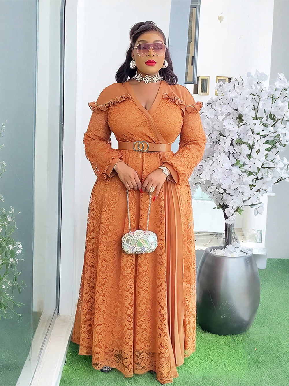 Plus Size Women Patchwork Lace Elegant Maxi Dress 6