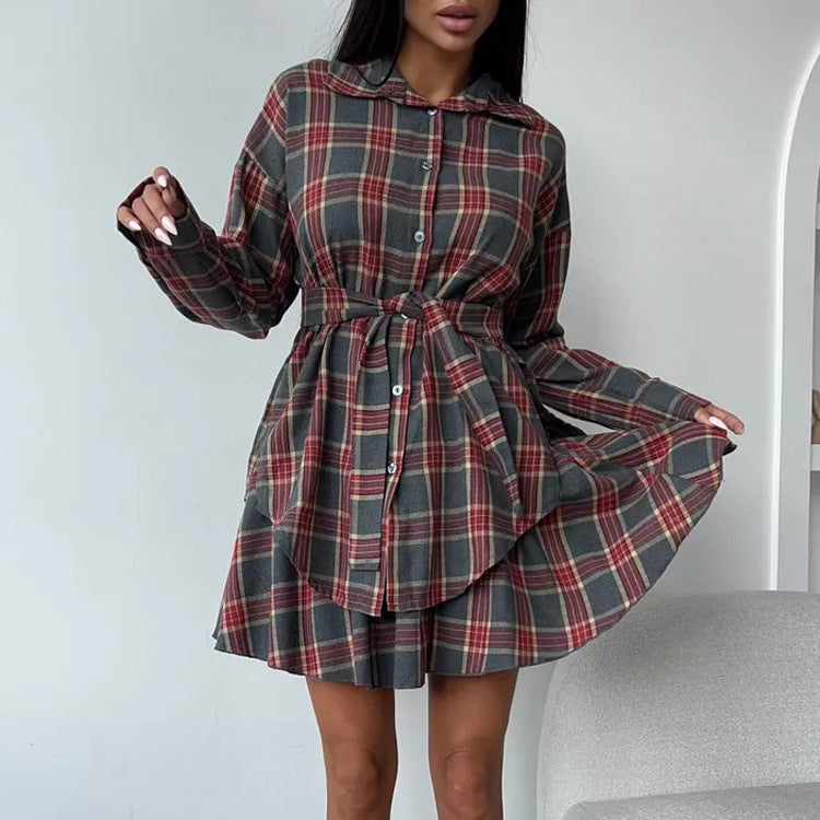 Women's Casual Plaid Turndown Collar Shirt Skirt Set 4