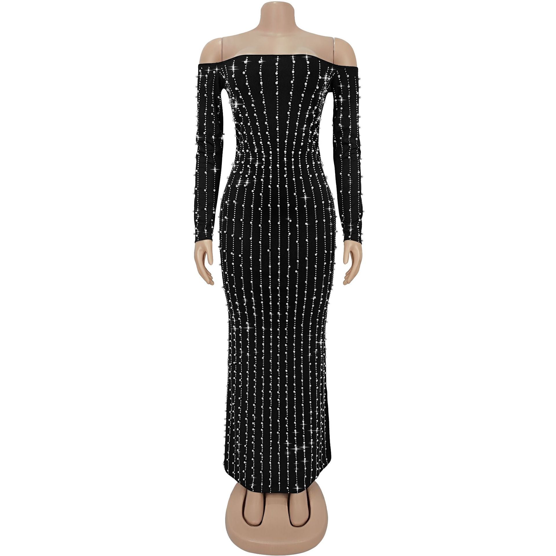 Fashion Women's Elegant Long-Sleeve Off Shoulder Rhinestone Bodycon Dress 12