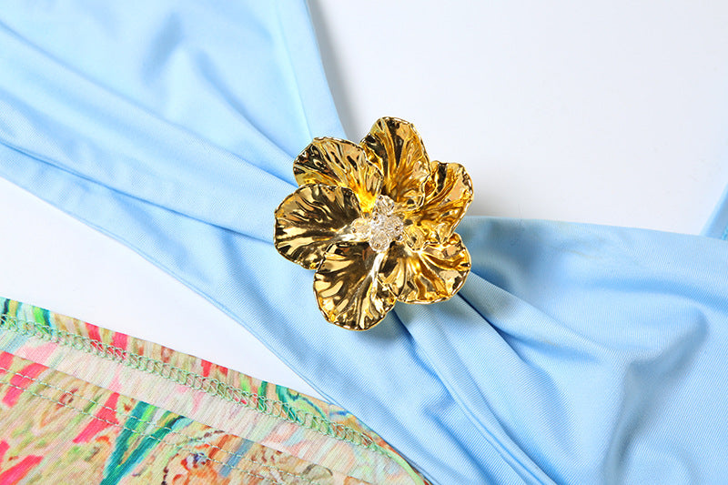 Spring Sexy Strap Patchwork Open Waist Print Contrast Color Low Back Long Dress 10