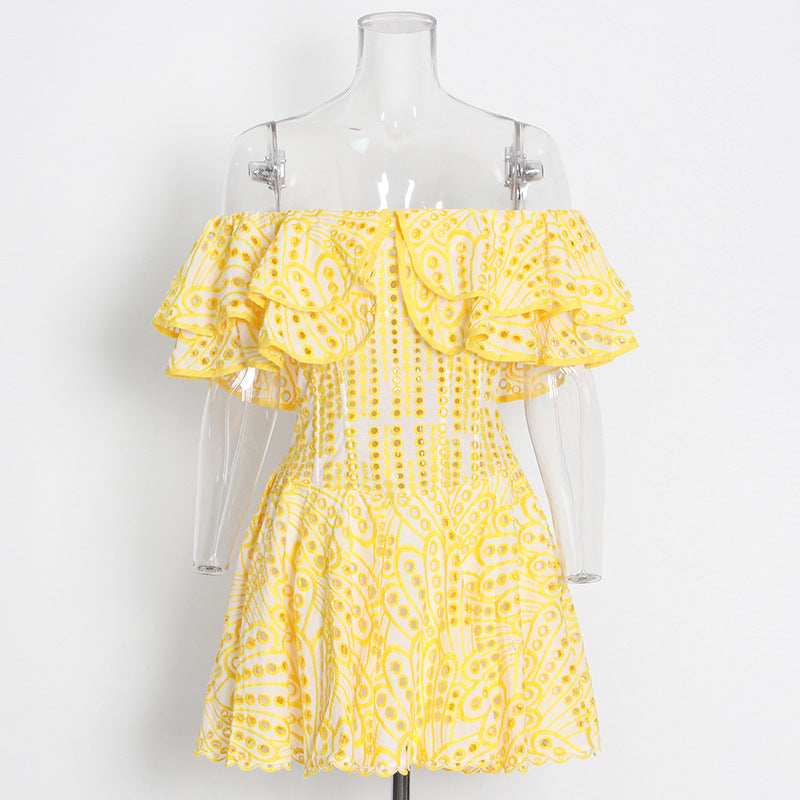 Women Holidays Off Shoulder Embroidered Ruffle Dress 5