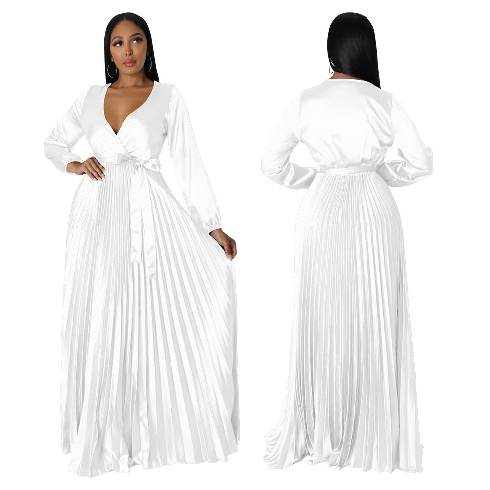 Women Autumn V-Neck Balloon Sleeve Pleated Dress 7