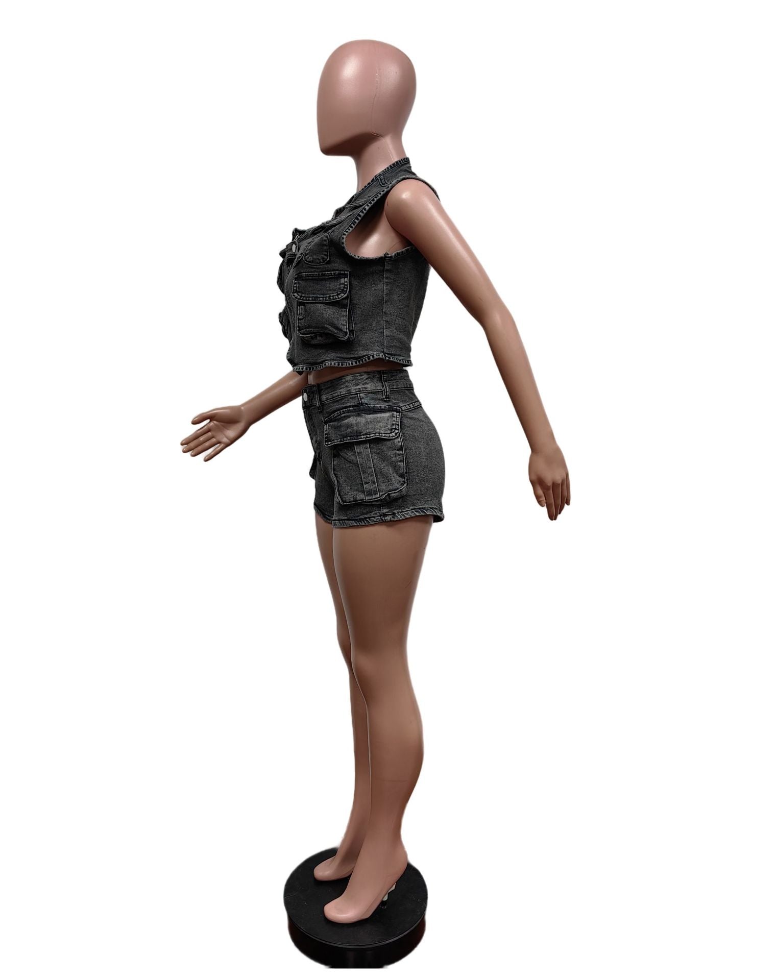 Denim Shorts Multi-Pocket Sleeveless Two Piece Denim Shorts Set 10