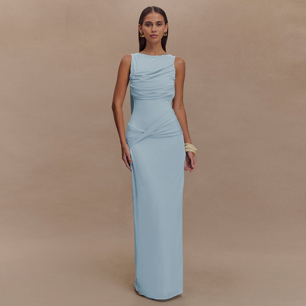 Women Summer Round Neck Backless Sleeveless Pleated Slit Dress