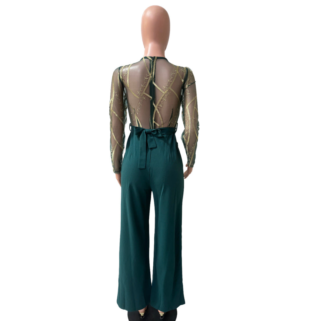 Women's Mesh See-Through Embroidery Patchwork Sexy Jumpsuit (Includes Belt) 11