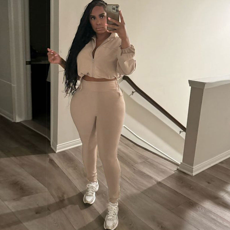 Spring And Autumn Sexy Drawstring Slim Waist Crop Top High Waist Tight Fitting Trousers Two Piece Set 7