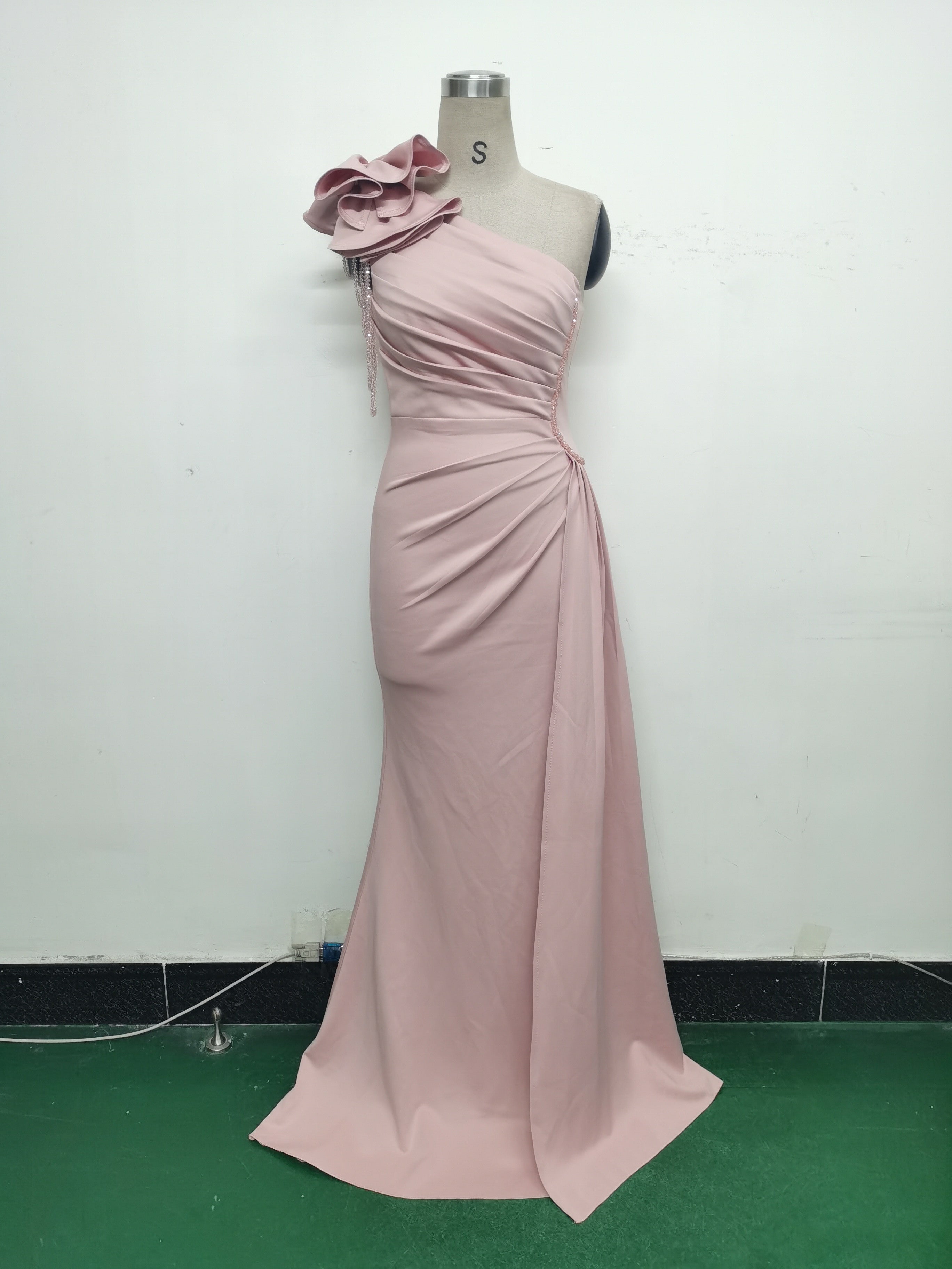 Women Beaded Flower Pleated Off-shoulder Split Evening Dress 28