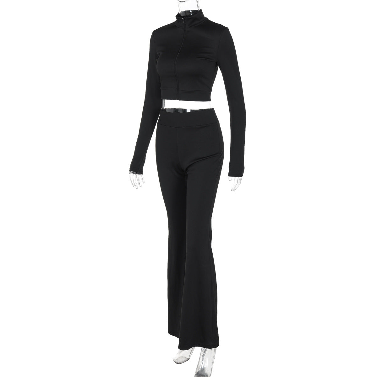 Women's autumn fashion Casual solid color zipper long sleeve top high waist Tight Fitting flared pants two piece set 7
