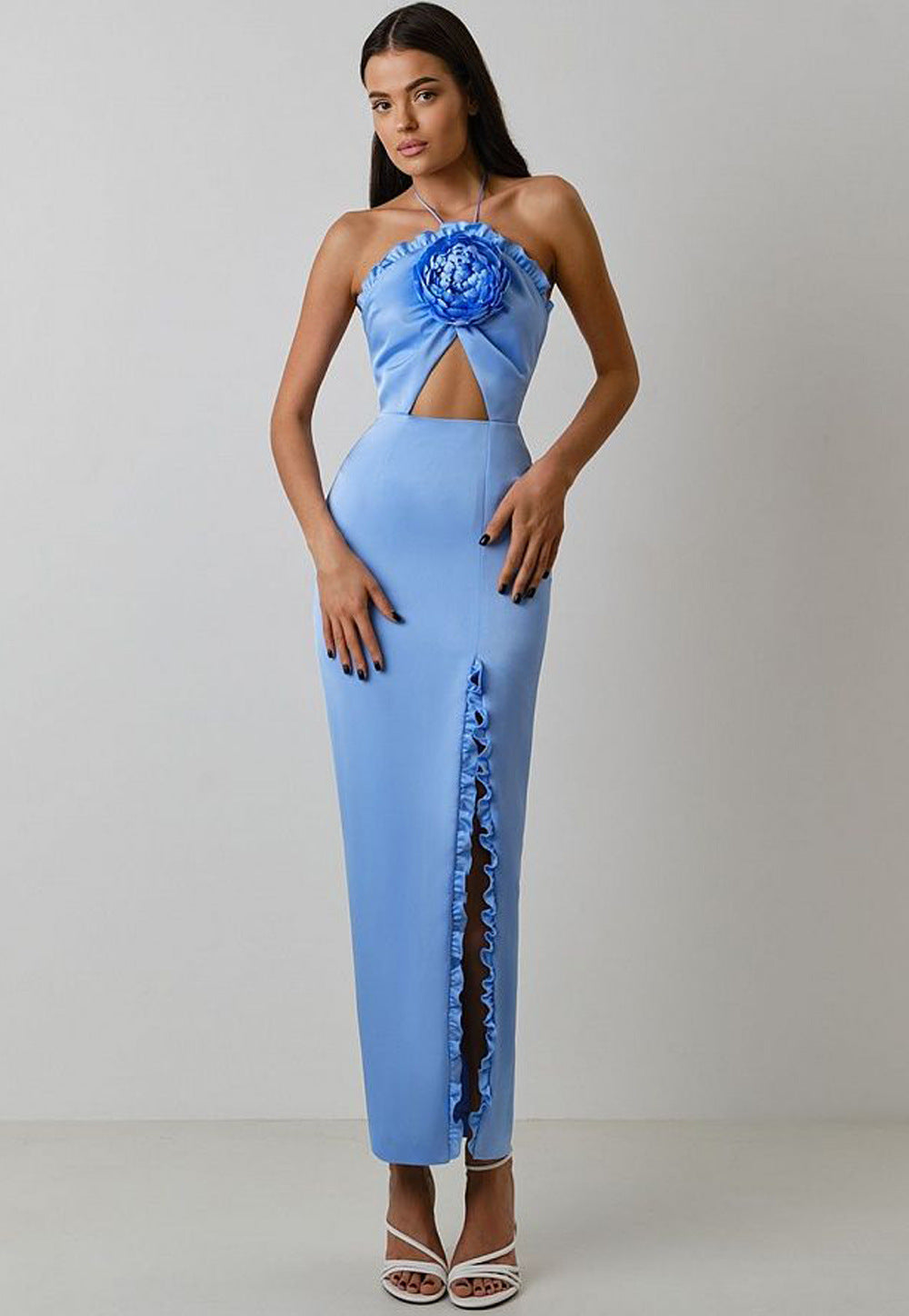 Summer Flower Sexy Strapless Halter Low Back Slit Long Party Dress 4