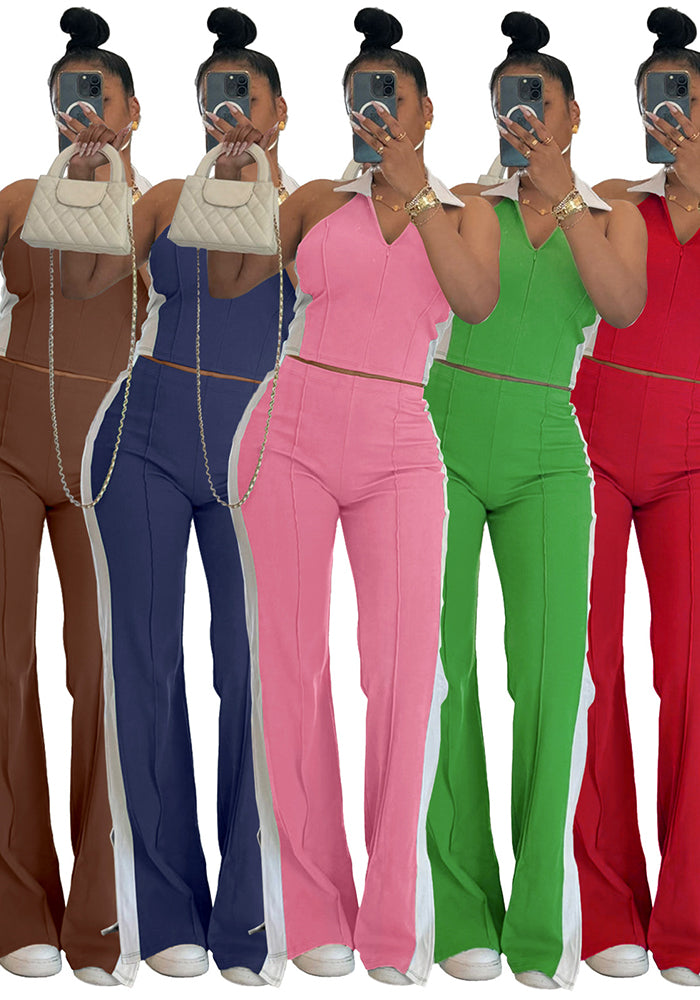 Patchwork Contrast Color V-Neck Zipper Slit Two-Piece Pants Set