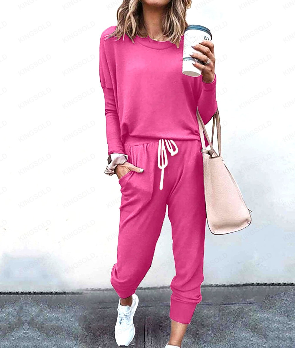 Women Loose Solid Long Sleeve Top and Pant Casual Two-piece Set 11