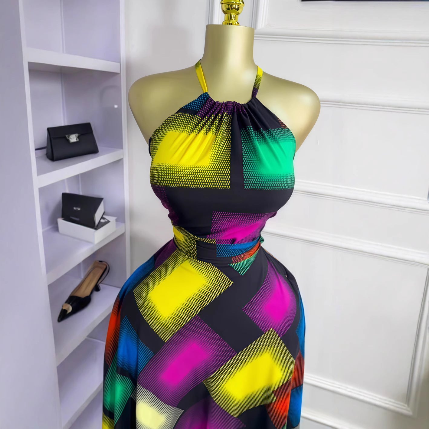 Summer Womenƒ??s Sleeveless Halter Neck Color-Block Slim Waist Tie-Front Chic Maxi Dress 4